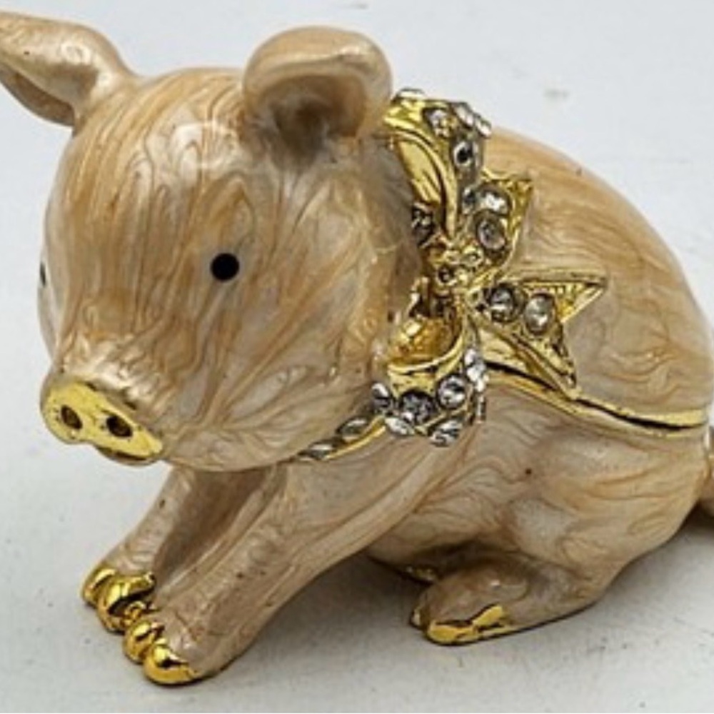 Vintage Enamel Rhinestone PIG WITH BOW JEWELRY TRINKET BOX Ring Holder